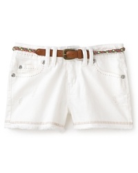 GUESS embodies the spirit of summer with the cut-off denim short, embellished with contrast topstitching along the hem and braided belt. GUESS embodies the spirit of summer with the cut-off denim short, embellished with contrast topstitching along the hem and braided belt.