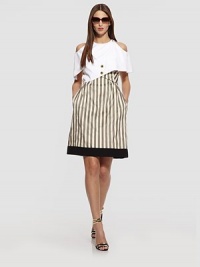 This unique striped style comes with a silk-lined capelet.Removable capelet with jewel neckline, shoulder cutouts, and slit backDecorative buttonsCriss-cross strapsContrast hemlineConcealed back zipFully linedAbout 23½ from natural waistCapelet: 75% cotton/25% silkDress: viscoseDry cleanMade in Italy of imported fabricModel shown is 5'11 (180cm) wearing US size 4. 