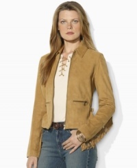 Western inspiration comes to life in a supple suede jacket from Lauren Jeans Co., accented with a cascade of fringe along the arms and back. Western inspiration comes to life in a supple suede jacket from Lauren Jeans Co., accented with a cascade of fringe along the arms and back.
