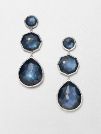 From the Wonderland Collection. A stunning style with three faceted, indigo doublets in various shapes and sizes set in hammered sterling silver. Mother-of-pearl and hand-faceted clear quartz accented doubletsSterling silverDrop, about 2.5Post backImported From the Wonderland Collection. A stunning style with three faceted, indigo doublets in various shapes and sizes set in hammered sterling silver. Mother-of-pearl and hand-faceted clear quartz accented doubletsSterling silverDrop, about 2.5Post backImported