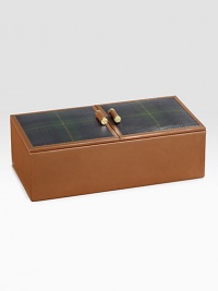 A beautiful accent to the well-appointed desk or vanity, rendered in smooth saddle leather with antiqued handles. 5W X 3¼H X 10½L Leather and brassImported A beautiful accent to the well-appointed desk or vanity, rendered in smooth saddle leather with antiqued handles. 5W X 3¼H X 10½L Leather and brassImported