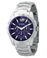 A subtly nautical-inspired style from Fossil, this men's watch is a sophisticated look for an on-the-go lifestyle. Silvertone stainless steel bracelet and round case. Navy dial with logo, three subdials and stick indices. Quartz movement. Water resistant to 100 meters. 11-year limited warranty. A subtly nautical-inspired style from Fossil, this men's watch is a sophisticated look for an on-the-go lifestyle. Silvertone stainless steel bracelet and round case. Navy dial with logo, three subdials and stick indices. Quartz movement. Water resistant to 100 meters. 11-year limited warranty.