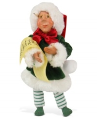 With a pen in-hand and pencil behind his ear, Santa's little helper checks the list to ensure all good boys and girls are accounted for. An adorable figurine with the unmistakable style of Byers' Choice. With a pen in-hand and pencil behind his ear, Santa's little helper checks the list to ensure all good boys and girls are accounted for. An adorable figurine with the unmistakable style of Byers' Choice.