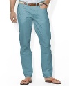 An essential pant in soft cotton twill is tailored in a five-pocket jean silhouette with a straight leg, flat front and classic rise.