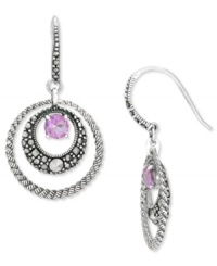 Liven your look with chic, colorful circles. Genevieve & Grace's sparkling style combines round-cut amethyst (3/4 ct. t.w.) with glittering marcasite edges. Set in sterling silver. Approximate drop length: 1-7/16 inches. Approximate drop width: 3/4 inch. Liven your look with chic, colorful circles. Genevieve & Grace's sparkling style combines round-cut amethyst (3/4 ct. t.w.) with glittering marcasite edges. Set in sterling silver. Approximate drop length: 1-7/16 inches. Approximate drop width: 3/4 inch.