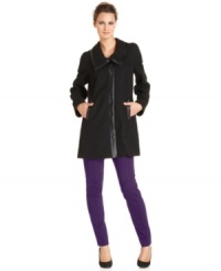 Tonal faux leather trim gives this textured petite coat from Alfani an ultra modern feel. Tonal faux leather trim gives this textured petite coat from Alfani an ultra modern feel.