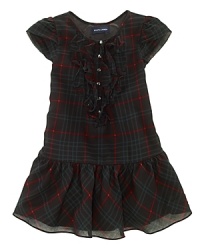 Inspired by vintage Americana, this comfy cotton plaid design features a flurry of ruffles along the placket and an elastic smocked drop waist.