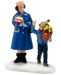 Ralphie tries his hand at bribery, presenting Miss Shields with an entire fruit basket instead of an apple in this humorous figurine from A Christmas Story Village. By Department 56. Ralphie tries his hand at bribery, presenting Miss Shields with an entire fruit basket instead of an apple in this humorous figurine from A Christmas Story Village. By Department 56.