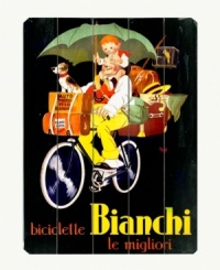 Put a humorous spin on casual decor. A must for vintage ad collectors and dedicated cyclists, this wooden sign for Biachi bicycles features a clownish rider with a pal, luggage and pets balanced precariously all over his bike. Put a humorous spin on casual decor. A must for vintage ad collectors and dedicated cyclists, this wooden sign for Biachi bicycles features a clownish rider with a pal, luggage and pets balanced precariously all over his bike.