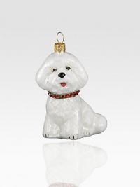 A celebration of Poland's time-honored glassmaking tradition, this charming glass pup sculpture, complete with a jeweled collar, is lovingly crafted by skilled artisans. Handpainted glass Each ornament takes 7-10 days to complete Arrives in gift box ideal for giving or storing 1½W X 3H X 2½D Handmade in Poland 