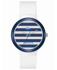 Preppy stripes add stylish bite to this unisex Goa watch from Lacoste. Preppy stripes add stylish bite to this unisex Goa watch from Lacoste.
