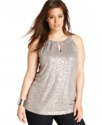 Sparkle on your night out with INC's plus size halter top, showcasing a sequined finish. Sparkle on your night out with INC's plus size halter top, showcasing a sequined finish.