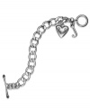 Stylishly romantic. Juicy Couture's lovely bracelet gets your heart racing with heart and J-shaped charms. Complete with a toggle closure. Chain crafted in silver tone stainless steel. Charms crafted in silver tone mixed metal. Approximate length: 8 inches. Approximate drop: 1 inches.