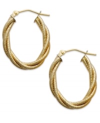 The perfect mix of texture and shine, these 14k gold hoop earrings feature a braided design and chic, oval shape. Earrings secure with a lever backing. Approximate diameter: 1 inch.