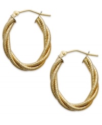 The perfect mix of texture and shine, these 14k gold hoop earrings feature a braided design and chic, oval shape. Earrings secure with a lever backing. Approximate diameter: 1 inch. The perfect mix of texture and shine, these 14k gold hoop earrings feature a braided design and chic, oval shape. Earrings secure with a lever backing. Approximate diameter: 1 inch.
