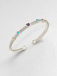 From the Renaissance Collection. An artistic style with faceted amethyst and smooth turquoise set on a sterling silver cable design accented in radiant 18k gold. Sterling silver18 goldAmethyst and turquoiseDiameter, about 2.5Slip-on styleImported From the Renaissance Collection. An artistic style with faceted amethyst and smooth turquoise set on a sterling silver cable design accented in radiant 18k gold. Sterling silver18 goldAmethyst and turquoiseDiameter, about 2.5Slip-on styleImported
