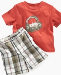 Hey Mr. DJ. He'll look like he's found a new hobby in this darling graphic t-shirt and plaid short set from Calvin Klein Jeans. Hey Mr. DJ. He'll look like he's found a new hobby in this darling graphic t-shirt and plaid short set from Calvin Klein Jeans.