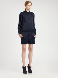 Channel the tromp l'oeil trend in this short jumpsuit that creates the illusion of a shirt tucked into tailored shorts. Banded collarDropped shouldersLong sleeves with buttoned cuffsBanded drop waistSlash pocketsPleated back yoke; layered back panelBack besom pocketsAbout 31 from shoulder to hemCotton/viscose/elastaneDry cleanImportedSIZE & FITModel shown is 5'10 (177cm) wearing a size 4. Channel the tromp l'oeil trend in this short jumpsuit that creates the illusion of a shirt tucked into tailored shorts. Banded collarDropped shouldersLong sleeves with buttoned cuffsBanded drop waistSlash pocketsPleated back yoke; layered back panelBack besom pocketsAbout 31 from shoulder to hemCotton/viscose/elastaneDry cleanImportedSIZE & FITModel shown is 5'10 (177cm) wearing a size 4.
