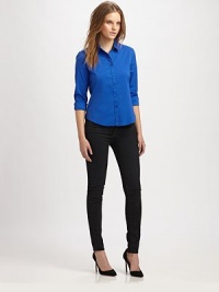 The essential button-down, fitted and feminine in a crisp stretch cotton. Point collarButton-down placketSingle-button cuffsShirttail hemBack princess seamsAbout 23 from shoulder to hem72% cotton/23% nylon/5% Lycra®Dry cleanImported of Italian fabricModel shown is 5'8½ (174cm) wearing US size Small. The essential button-down, fitted and feminine in a crisp stretch cotton. Point collarButton-down placketSingle-button cuffsShirttail hemBack princess seamsAbout 23 from shoulder to hem72% cotton/23% nylon/5% Lycra®Dry cleanImported of Italian fabricModel shown is 5'8½ (174cm) wearing US size Small.