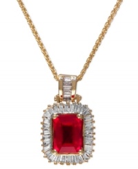 Royalty-inspired resplendence. A baguette-cut ruby (1-9/10 ct. t.w.) and surrounding diamonds (1/2 ct. t.w.) by Effy Collection ignite any look. Set in 14k gold. Approximate length: 18 inches. Approximate drop length: 3/4 inch. Approximate drop width: 1/2 inch. Royalty-inspired resplendence. A baguette-cut ruby (1-9/10 ct. t.w.) and surrounding diamonds (1/2 ct. t.w.) by Effy Collection ignite any look. Set in 14k gold. Approximate length: 18 inches. Approximate drop length: 3/4 inch. Approximate drop width: 1/2 inch.