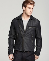 Lightweight biker jacket with diagonal zip front closure and belted waist detail. Lightweight biker jacket with diagonal zip front closure and belted waist detail.