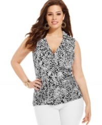 Look spot-on with Jones New York Signature's sleeveless plus size top, defined by a slimming wrap design. Look spot-on with Jones New York Signature's sleeveless plus size top, defined by a slimming wrap design.