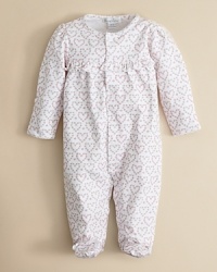 Ruffled at the chest and blushing with allover heart prints, this cozy pima cotton footie from Kissy Kissy cuddles your newborn with comfort and love. Ruffled at the chest and blushing with allover heart prints, this cozy pima cotton footie from Kissy Kissy cuddles your newborn with comfort and love.