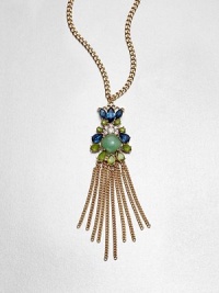 A stunningly colorful stone cluster with a chain link tassel on a link chain. Glass stonesAntique-finished goldtoneLength, about 24Pendant size, about 5Lobster clasp closureImported 