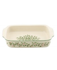Bake it merry. With a holly motif to match the beloved Holiday dinnerware from Lenox, this large baker is ideal for serving Christmas lasagna, fish and more. Bake it merry. With a holly motif to match the beloved Holiday dinnerware from Lenox, this large baker is ideal for serving Christmas lasagna, fish and more.