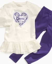 A lacy tunic over comfy leggings from Guess give her an adorable style she'll love to go out in. A lacy tunic over comfy leggings from Guess give her an adorable style she'll love to go out in.