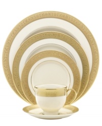 A classic handcrafted collection from Lenox, this Westchester place setting brings distinctive beauty to the table, featuring sturdy bone china and exquisitely etched gold borders for a lustrous glow. A classic handcrafted collection from Lenox, this Westchester place setting brings distinctive beauty to the table, featuring sturdy bone china and exquisitely etched gold borders for a lustrous glow.