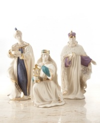 The three kings of the nativity story will make a graceful addition to your mantel or end table this holiday season, in fine ivory china with hand-painted enamel and 24-karat gold accents. Balthazar: measures 8-1/2 high. Melchior: measures 5-1/2 high. Gaspar: measures 8-1/4 high. The three kings of the nativity story will make a graceful addition to your mantel or end table this holiday season, in fine ivory china with hand-painted enamel and 24-karat gold accents. Balthazar: measures 8-1/2 high. Melchior: measures 5-1/2 high. Gaspar: measures 8-1/4 high.
