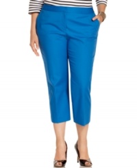 Look sleek and stylish with Charter Club's plus size slim leg pants, featuring a control panel for a flattering fit. Look sleek and stylish with Charter Club's plus size slim leg pants, featuring a control panel for a flattering fit.