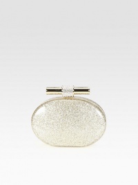 A metallic acrylic shape covered in glittering pave crystals, finished with a polished clasp. Top clasp closureLeather lining5¾W X 4¾H X 1½DMade in Italy A metallic acrylic shape covered in glittering pave crystals, finished with a polished clasp. Top clasp closureLeather lining5¾W X 4¾H X 1½DMade in Italy