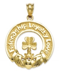 A touch of Celtic inspiration. This symbolic Claddagh charm is crafted in polished 14k gold with a pretty cut-out design and the script: Friendship, Loyalty, Love. Chain not included. Approximate length: 1-1/5 inches. Approximate width: 9/10 inch. A touch of Celtic inspiration. This symbolic Claddagh charm is crafted in polished 14k gold with a pretty cut-out design and the script: Friendship, Loyalty, Love. Chain not included. Approximate length: 1-1/5 inches. Approximate width: 9/10 inch.