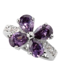Look pretty and poised in purple. City by City ring features fresh flower petals of pear-cut, purple cubic zirconias (8-3/8 ct. t.w.). Crafted in silver tone mixed metal. Size 5, 6, 7, 8 and 9. Look pretty and poised in purple. City by City ring features fresh flower petals of pear-cut, purple cubic zirconias (8-3/8 ct. t.w.). Crafted in silver tone mixed metal. Size 5, 6, 7, 8 and 9.
