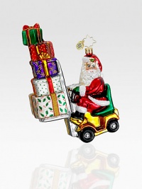 The elves need some help this year and Santa knows exactly what will do the job: A festive forklift! Hand-blownHand-painted6½ tallMade in Poland The elves need some help this year and Santa knows exactly what will do the job: A festive forklift! Hand-blownHand-painted6½ tallMade in Poland