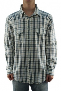 Lucky Brand Men's White w/Blue Plaid Stripes Long Sleeve Button-Up Shirt Lucky Brand Men's White w/Blue Plaid Stripes Long Sleeve Button-Up Shirt