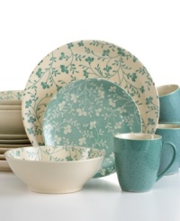 Allover blooms rooted in vintage charm conceal the hardy stoneware of Fresh Flowers dinnerware from Sango. With simple coupe bowls and plates, plus mugs in a complementary aqua hue. Allover blooms rooted in vintage charm conceal the hardy stoneware of Fresh Flowers dinnerware from Sango. With simple coupe bowls and plates, plus mugs in a complementary aqua hue.