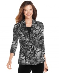 Snag two looks for one great price with Elementz' layered look petite top, including a printed cardigan and solid shell. Snag two looks for one great price with Elementz' layered look petite top, including a printed cardigan and solid shell.