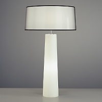 Frosted white glass case base with night light. Four way switch. Black organza fabric shade with self fabric top and bottom diffuser. Frosted white glass case base with night light. Four way switch. Black organza fabric shade with self fabric top and bottom diffuser.
