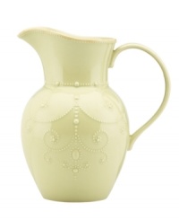 With fanciful beading and an antiqued edge, this Lenox French Perle pitcher has an irresistibly old-fashioned sensibility. Hardwearing stoneware is dishwasher safe and, in a soft pistachio hue, a graceful addition to every meal. With fanciful beading and an antiqued edge, this Lenox French Perle pitcher has an irresistibly old-fashioned sensibility. Hardwearing stoneware is dishwasher safe and, in a soft pistachio hue, a graceful addition to every meal.