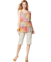 Ruffles and a pretty floral print put a new spin on Style&co.'s petite tiered tank. A self-tying bow at the shoulder adds a touch of charm, too! Ruffles and a pretty floral print put a new spin on Style&co.'s petite tiered tank. A self-tying bow at the shoulder adds a touch of charm, too!