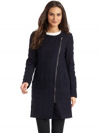 THE LOOKCollarlessAsymmetrical zip front closureLong sleevesDual slash front pocketsTHE FITAbout 36 from shoulder to hemTHE MATERIAL75% wool/25% polyesterPolyester liningCARE & ORIGINDry cleanImported THE LOOKCollarlessAsymmetrical zip front closureLong sleevesDual slash front pocketsTHE FITAbout 36 from shoulder to hemTHE MATERIAL75% wool/25% polyesterPolyester liningCARE & ORIGINDry cleanImported