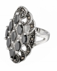 Snap up style inspired by an heirloom. This chic ring by City by City has vintage appeal and a whole lot of sparkle. Crafted in antique silver tone mixed metal, ring features clusters of jet-colored cubic zirconias (3-9/10 ct. t.w.) with marcasite trimming. Size 7. Snap up style inspired by an heirloom. This chic ring by City by City has vintage appeal and a whole lot of sparkle. Crafted in antique silver tone mixed metal, ring features clusters of jet-colored cubic zirconias (3-9/10 ct. t.w.) with marcasite trimming. Size 7.