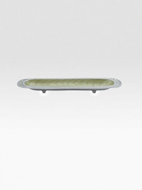 An individually sandcasted metal tray fit for any occasion, handcrafted with artisanal character and finished in an opalescent enamel made from crushed mother-of-pearl. Food safe Engraved signature 16W X 1H X 3¼D Hand wash Imported An individually sandcasted metal tray fit for any occasion, handcrafted with artisanal character and finished in an opalescent enamel made from crushed mother-of-pearl. Food safe Engraved signature 16W X 1H X 3¼D Hand wash Imported