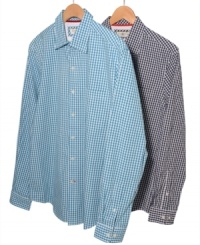 An allover check on these slim-fit checkered shirts from Club Room add a stylish spin to your wardrobe.