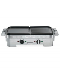 Dressed to grill... and griddle! With removable & reversible nonstick grill & griddle plates, this countertop chef steps up your culinary ability. Two temperature dials let you set up shop with full grill, full griddle or half grill and half griddle-a world of possibilities for cooking like a pro! 3-year warranty. Model GR-55. Dressed to grill... and griddle! With removable & reversible nonstick grill & griddle plates, this countertop chef steps up your culinary ability. Two temperature dials let you set up shop with full grill, full griddle or half grill and half griddle-a world of possibilities for cooking like a pro! 3-year warranty. Model GR-55.