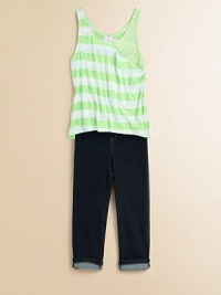 A new twist on classic denim, this cozy, cropped pair is crafted in a stylish dark-wash for your little fashionista.Pull-on styleElastic waistbandFaux-flyTwo front slash pocketsTwo back patch pockets73% cotton/26% polyester/1% spandexMachine washImported A new twist on classic denim, this cozy, cropped pair is crafted in a stylish dark-wash for your little fashionista.Pull-on styleElastic waistbandFaux-flyTwo front slash pocketsTwo back patch pockets73% cotton/26% polyester/1% spandexMachine washImported