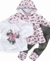 Cover your darling diva in accessories with this precious 3-piece bow-graphic shirt, hoodie and pant set from Nannette. Cover your darling diva in accessories with this precious 3-piece bow-graphic shirt, hoodie and pant set from Nannette.